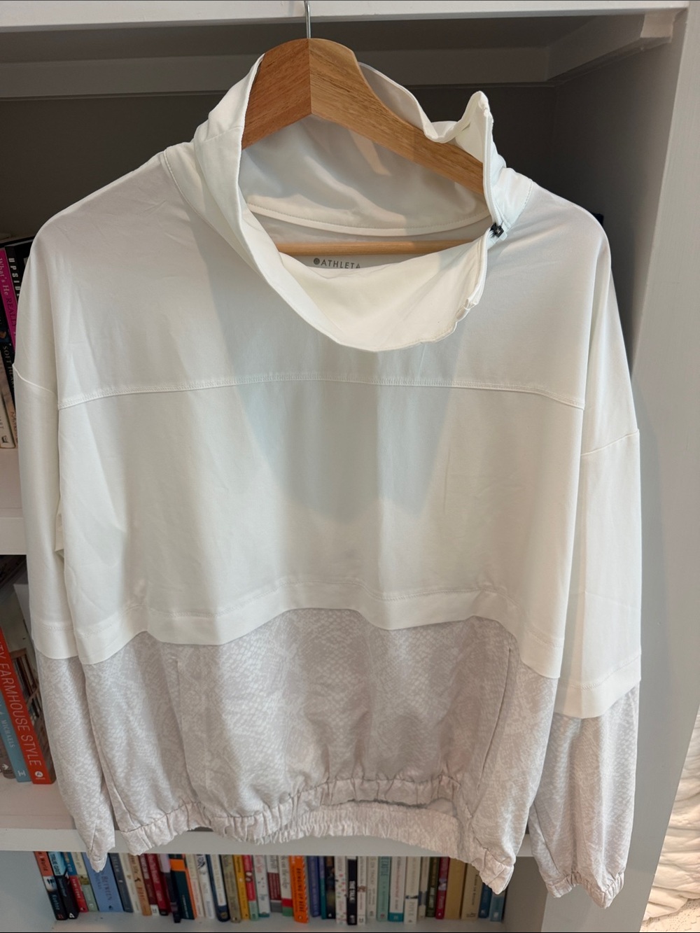 Athleta White & Light Gray Hooded Pullover with Textured Panel